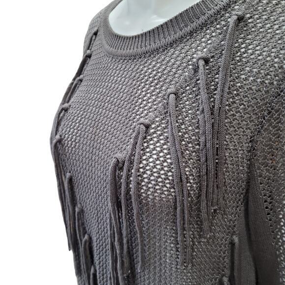 New York & Company Gray Fringe Tassel Open Knit Sweater Womens Large Semi Sheer - Picture 3 of 10
